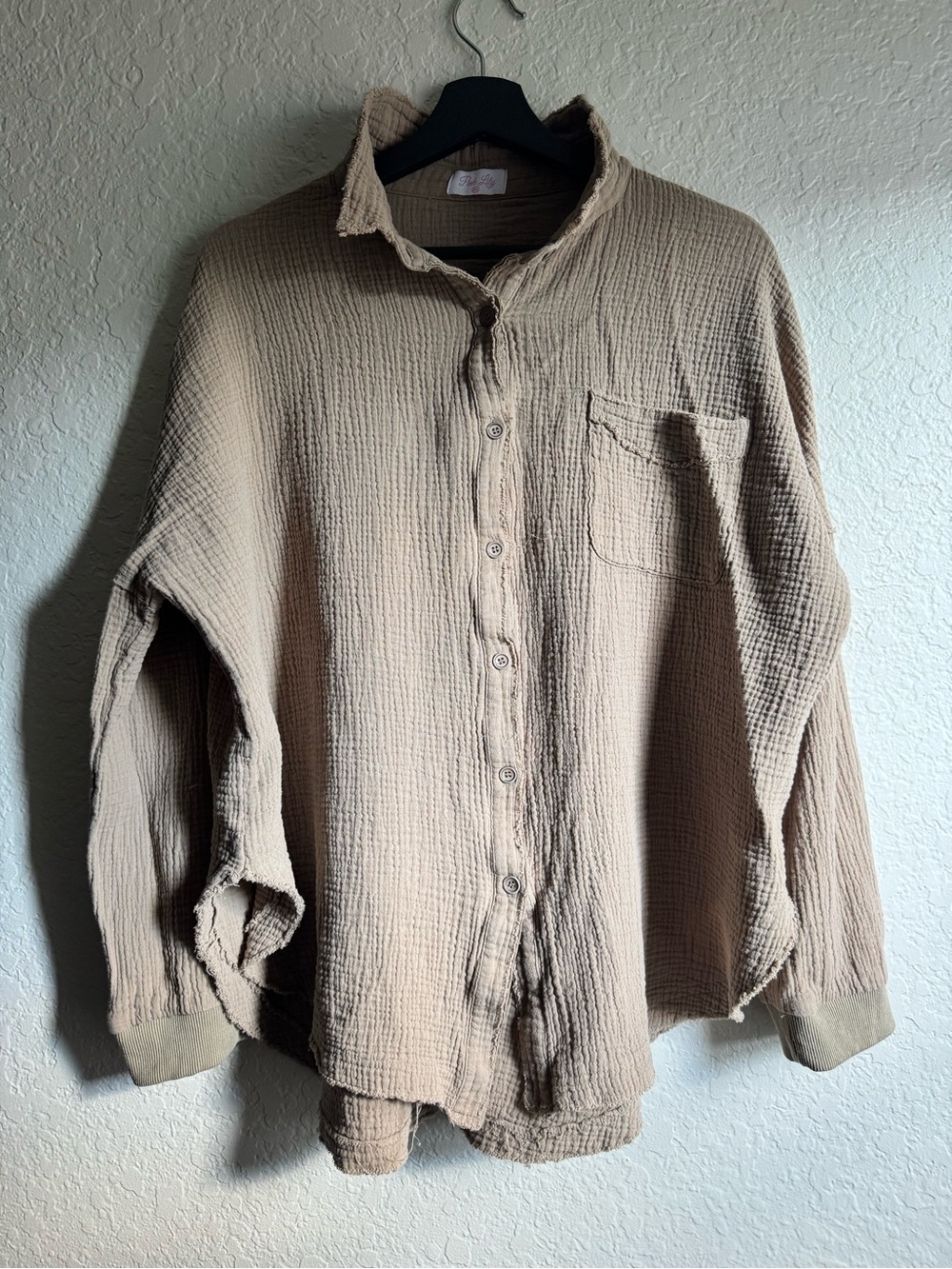 Pink Lily Let Me Adore You Cotton Gauze Button Down Shirt Top Tan 2XL